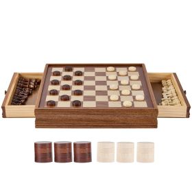 Solid Wood Chess Set, 15 inch 2-IN-1 Chess Checkers Game Set, Chess Board Games with Storage Drawer & Weighted Chess Checkers Pieces & 2 Queens