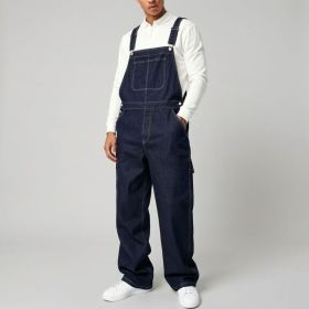 Dark Indigo Mens Denim Bib Overalls Loose Straight Leg Carpenter Workwear Dungarees US Ready Stock (Option: L213S)