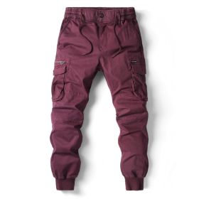 Solid Color Skinny Pants Multi-pocket Men's Working Pants (Option: Wine Red-30)